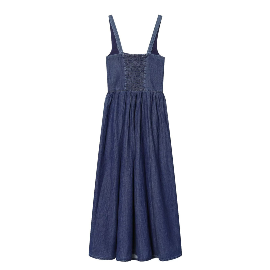 Damen Denim Maxikleid mit schwingendem Rock und verstellbaren Trägern Drune