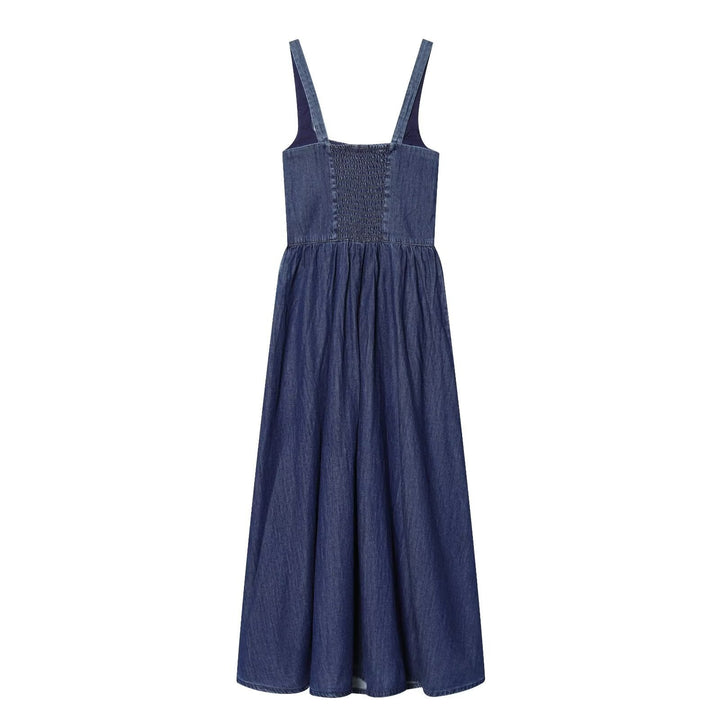 Damen Denim Maxikleid mit schwingendem Rock und verstellbaren Trägern Drune