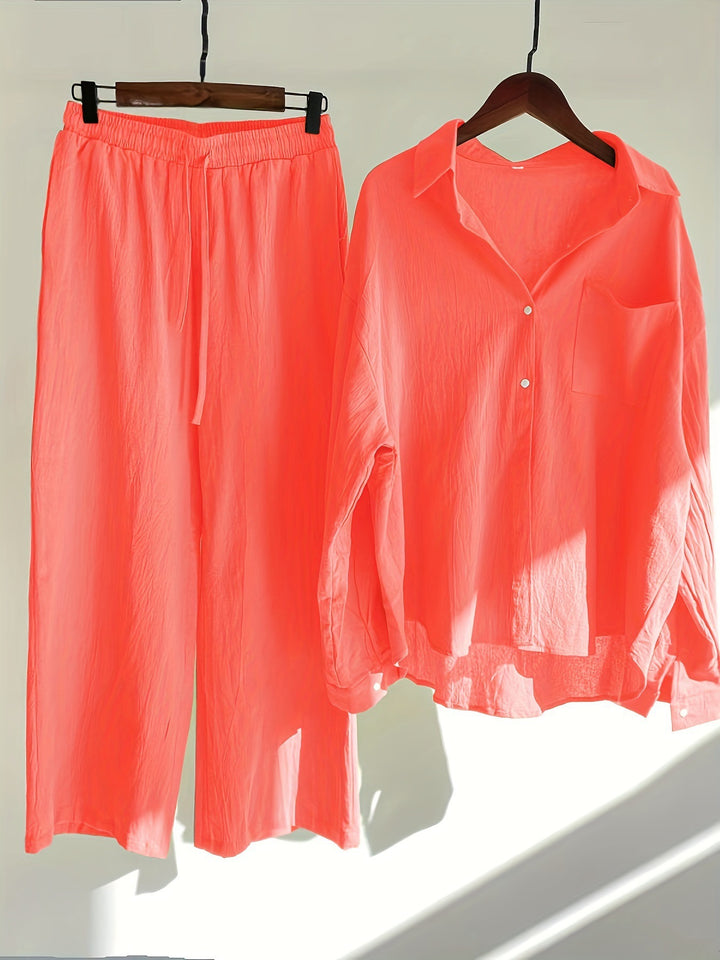Damen lässiges Zweiteiliges Set aus locker sitzender Bluse und bequemen Hose Drune