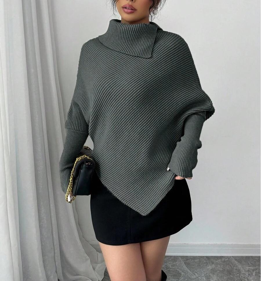 Damen Oversized Strickpullover mit asymmetrischem Saum und hohem Kragen Drune