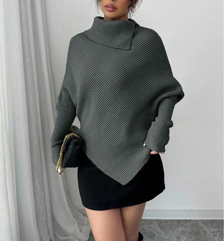 Damen Oversized Strickpullover mit asymmetrischem Saum und hohem Kragen Drune