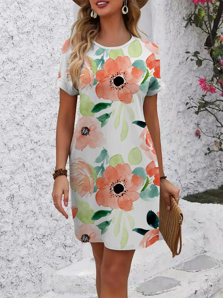 Damen T-Shirt Kleid mit floralem Design und bequemem Schnitt Drune