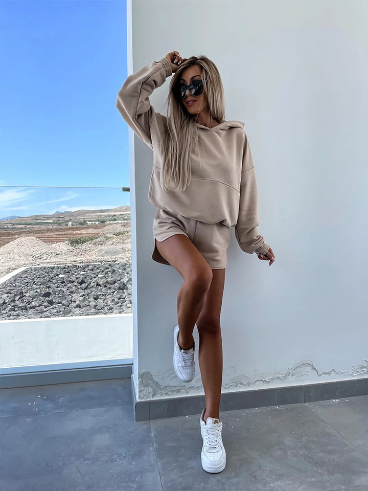 Damen lässiges Kapuzenoberteil und Shorts-Set Drune
