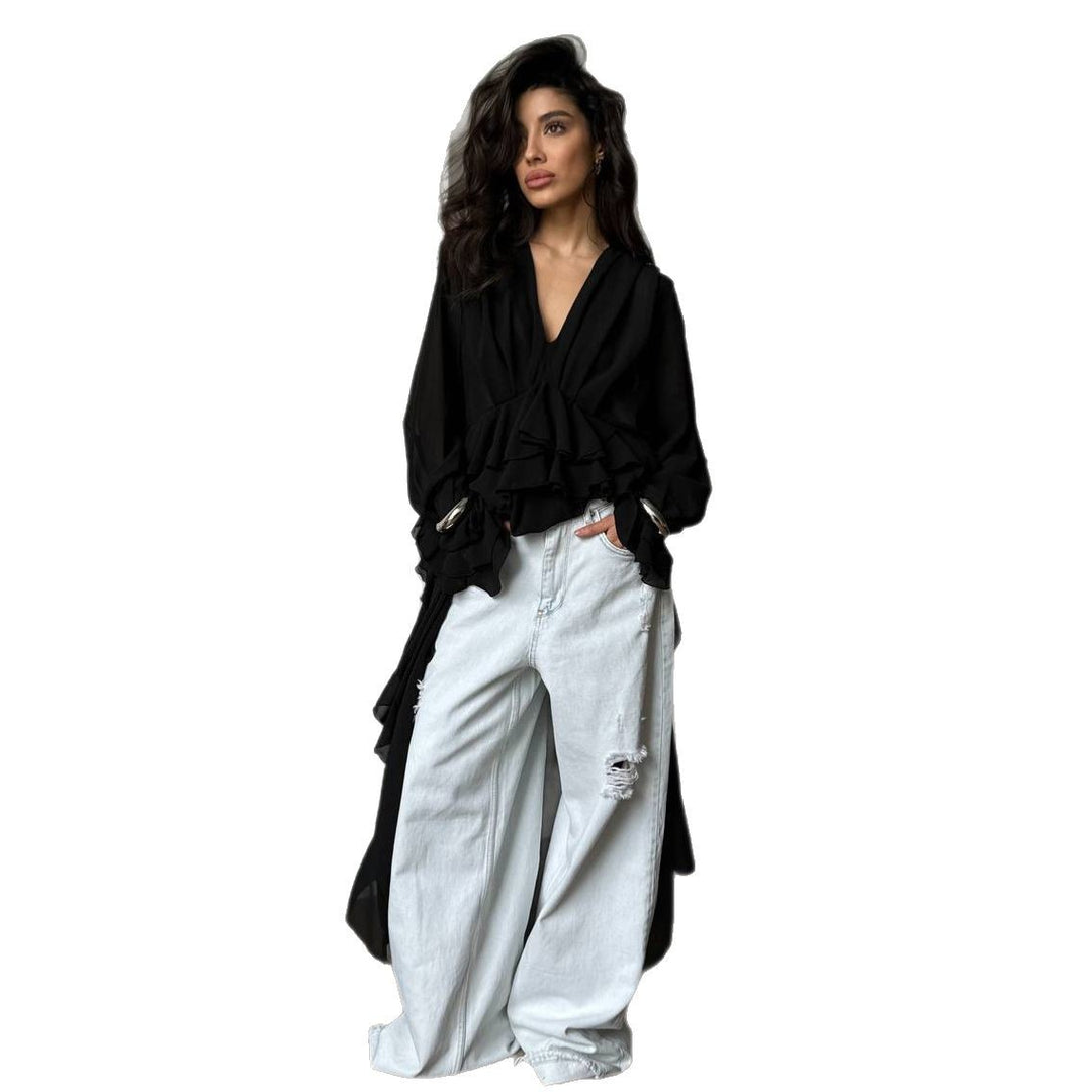 Damen Elegantes, fließendes Maxikleid mit weitem Schnitt und Rüschendetails Drune