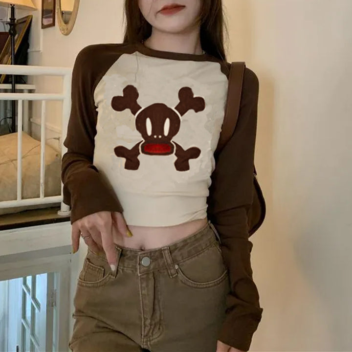 Damen trendiges Raglan-Crop-Top mit Totenkopf-Print Drune