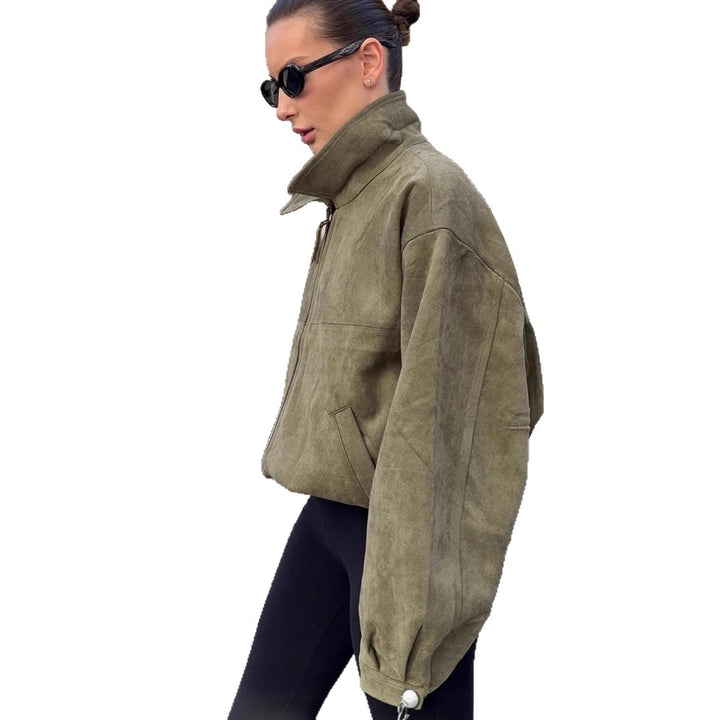 Damen Oversized Suede Jacke mit hohem Kragen und praktischen Taschen Drune