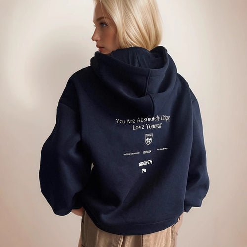 Damen Kapuzenpullover mit motivierendem Schriftzug und bequemer Passform Drune