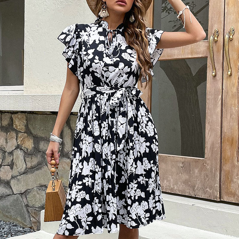 Damen elegantes Blumenkleid mit Rüschendetails und Bindegürtel Drune