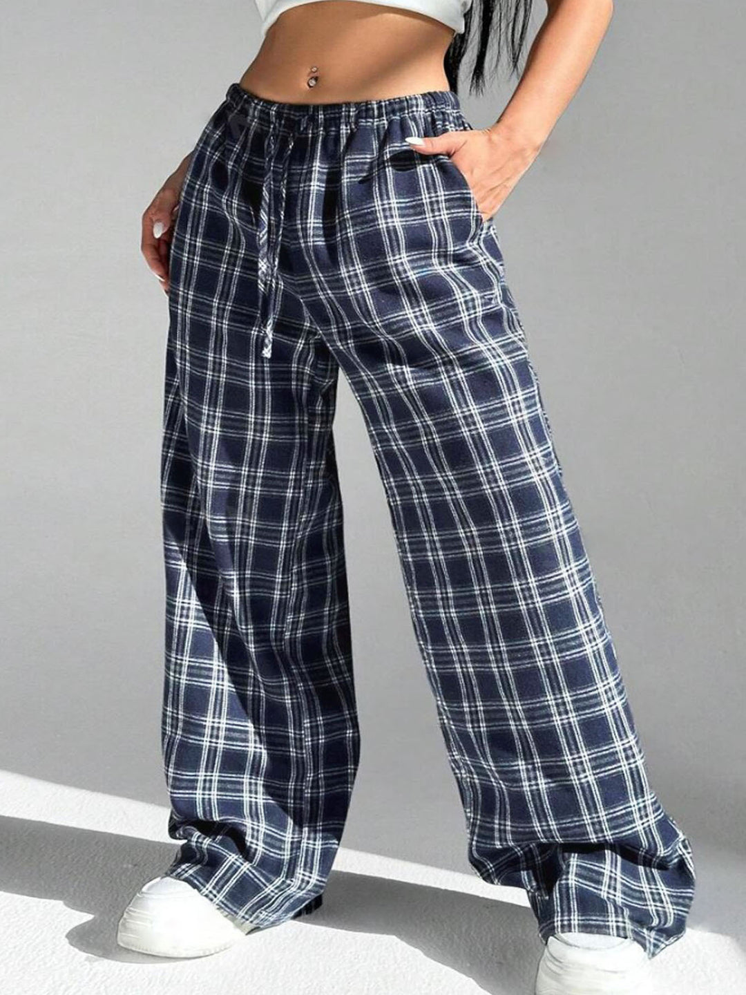 Damen Lässige Karohose mit weitem Schnitt und Elastikbund Drune
