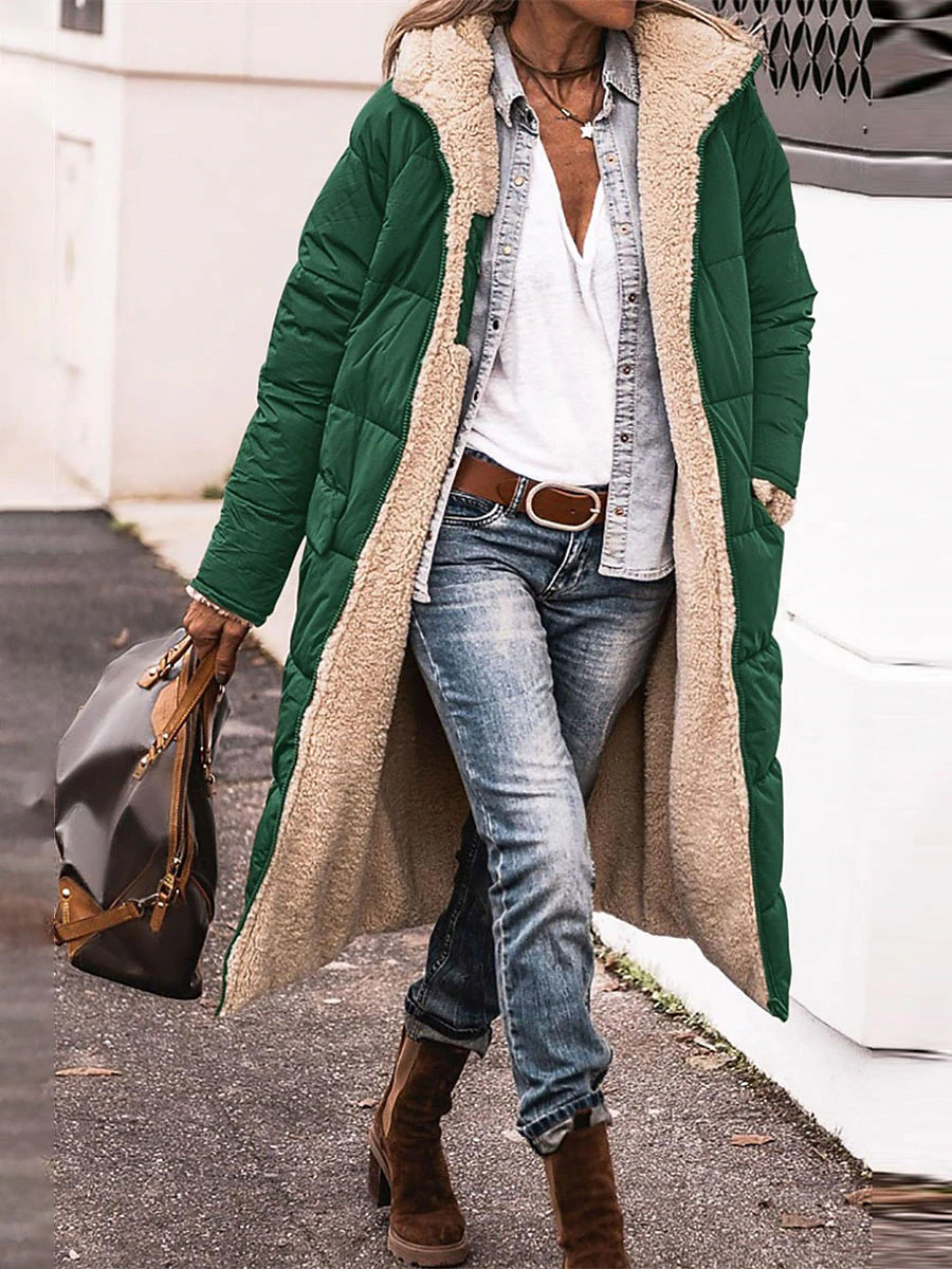 Damen Lange Steppjacke mit kuscheligem Innenfutter und Kapuze Drune