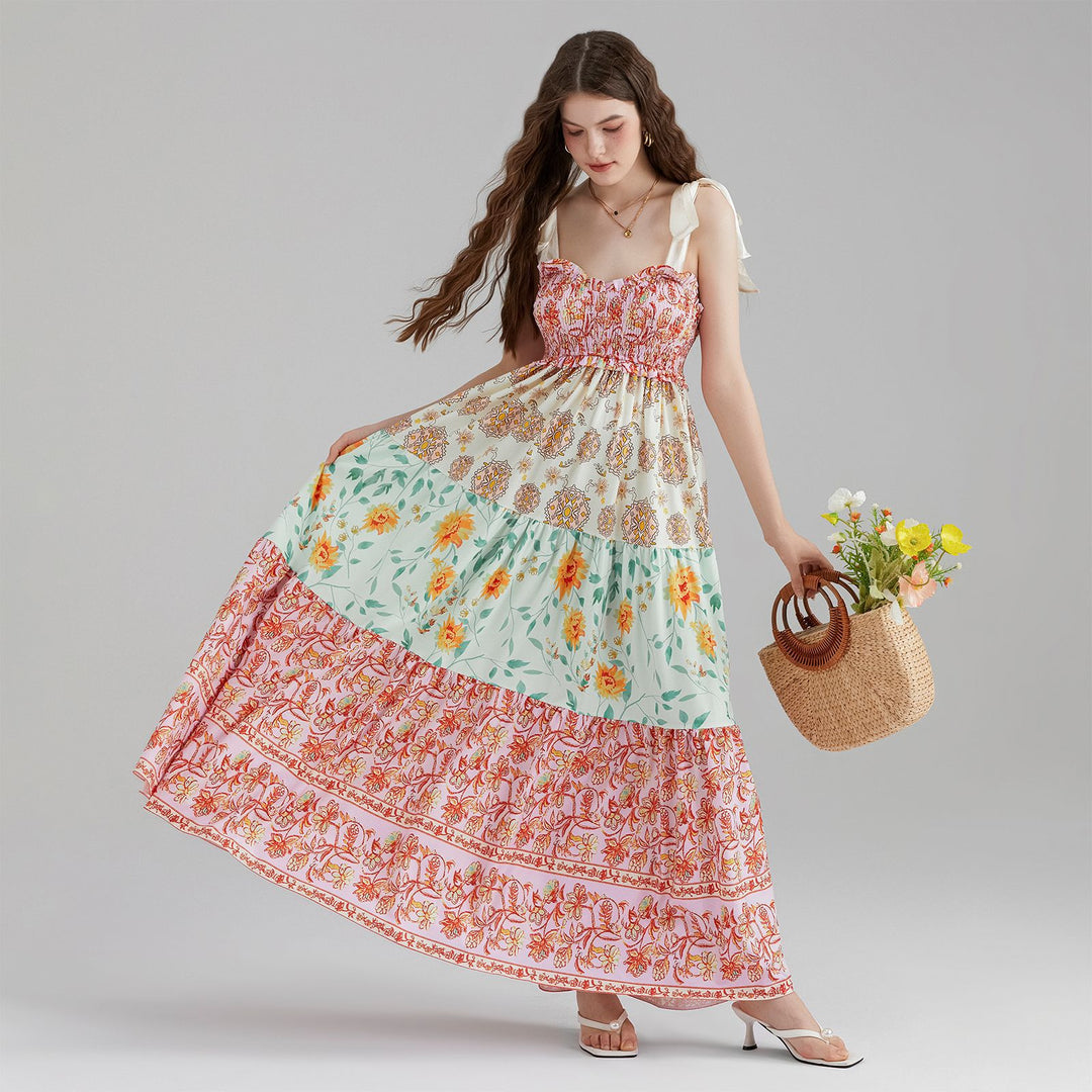 Damen Maxikleid mit floralen Falten und großzügigem A-Linien-Schnitt Drune