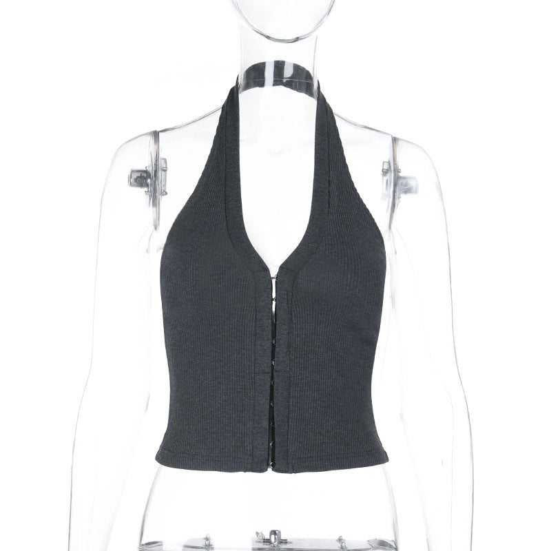 Damen Crop-Top mit tiefem V-Ausschnitt und elegantem Reißverschluss Drune