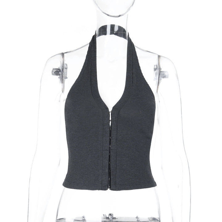 Damen Crop-Top mit tiefem V-Ausschnitt und elegantem Reißverschluss Drune