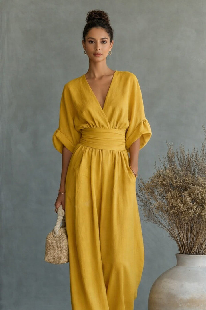 Damen Weit geschnittener Jumpsuit mit eleganten Drapierungen und V-Ausschnitt Drune