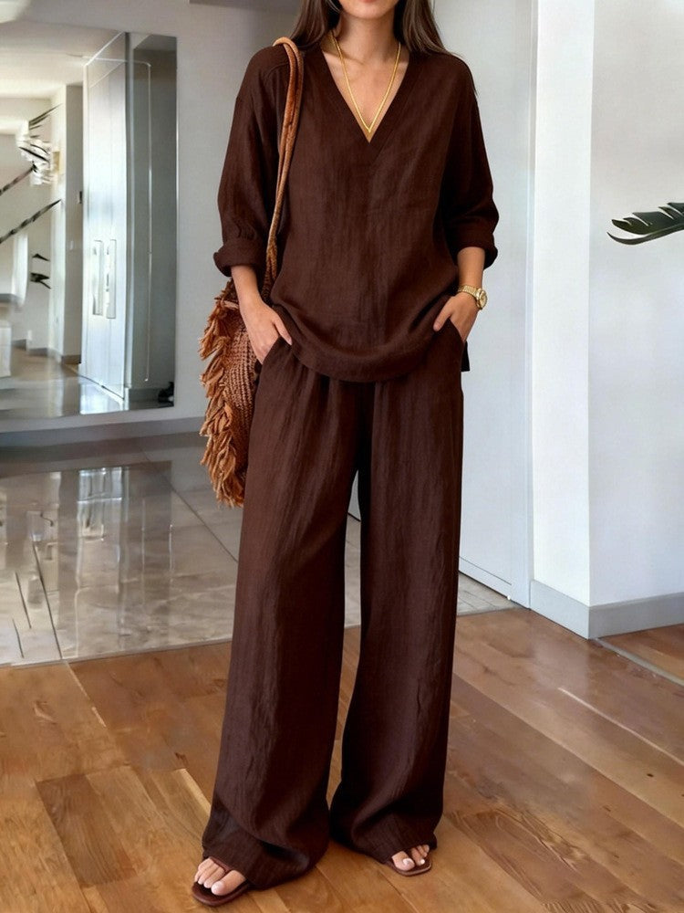 Damen Lässiges Leinenoberteil und weite Palazzo-Hosen Set Drune