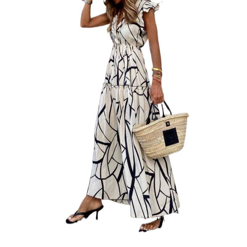 Damen Maxikleid mit femininen Rüschendetails und modernem Grafikdesign Drune