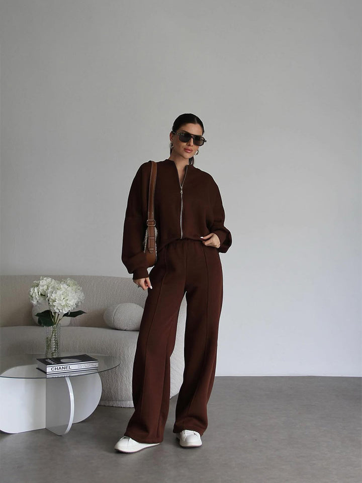 Damen nan Oversize Reißverschlussjacke mit weiter High-Waist Loungehose Set Drune