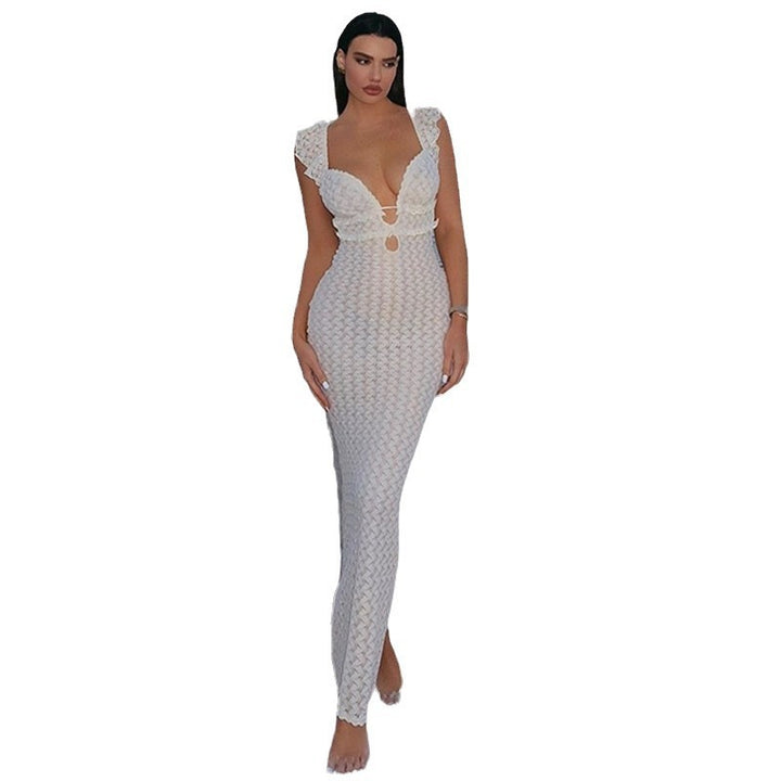 Damen Elegantes Spitzenkleid mit tiefem V-Ausschnitt und raffiniertem Schlitz Drune