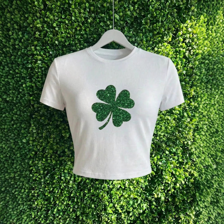 Damen Crop-Top mit Glitzerndem Kleeblatt-Motiv Drune