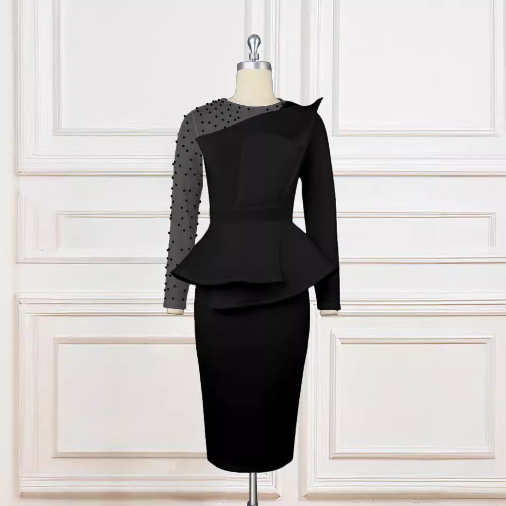 Damen Etuikleid mit transparenten Puffärmeln und dekorativem Peplum Drune