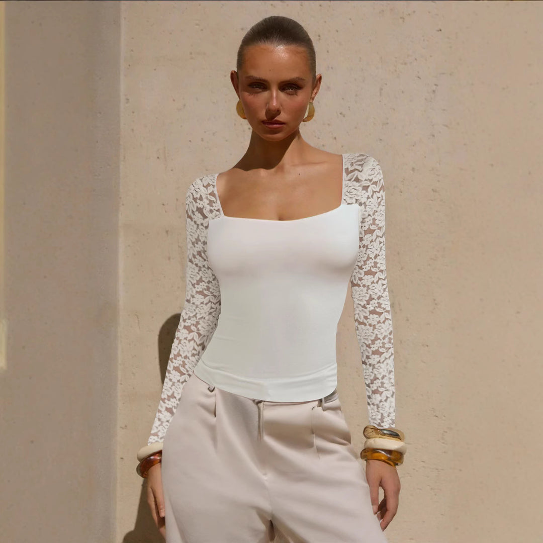 Damen Elegantes Oberteil mit Spitzenärmeln Drune