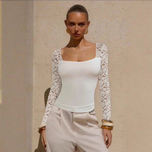 Damen Elegantes Oberteil mit Spitzenärmeln Drune