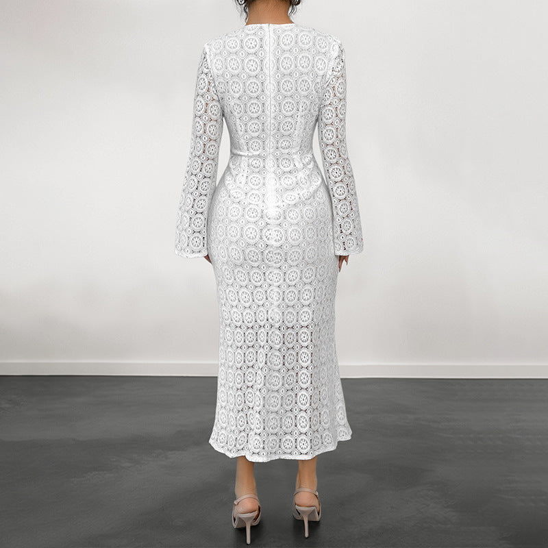 Damen Spitzenkleid mit elegantem V-Ausschnitt und voluminösen Ärmeln Drune