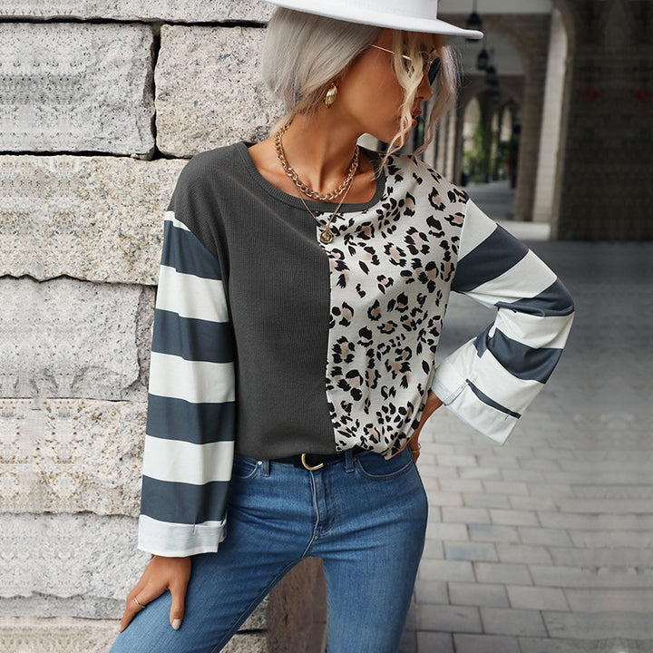 Damen Trendige langärmelige Bluse mit tierischem Print und Streifenmuster Drune