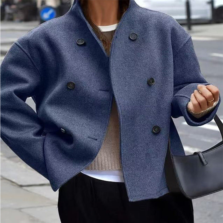 Damen modische Wolljacke mit doppelter Knopfleiste und hohen Kragen Drune