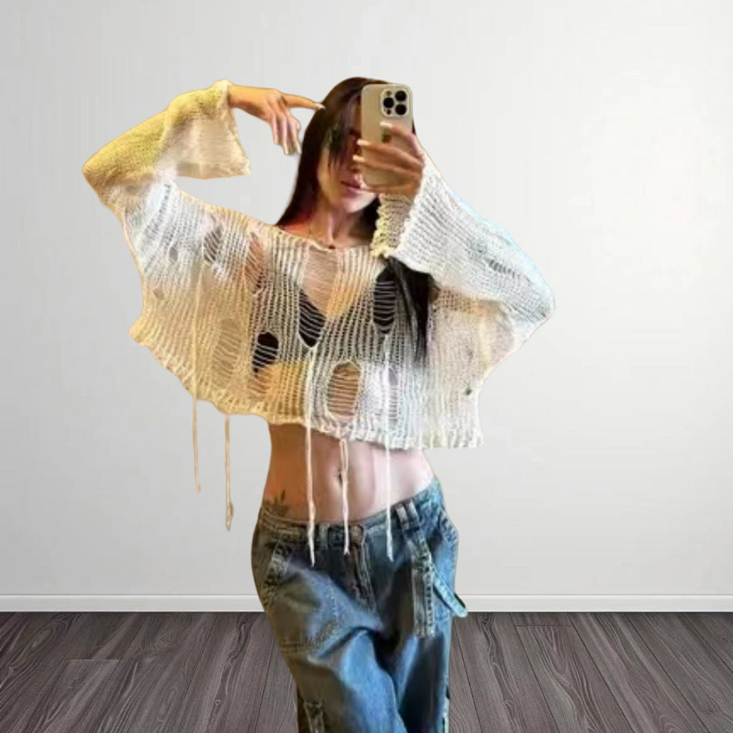 Damen Modisches Cropped-Top mit luftiger Strickstruktur und offenen Maschen Drune