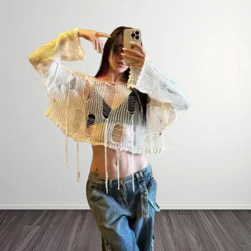 Damen Modisches Cropped-Top mit luftiger Strickstruktur und offenen Maschen Drune