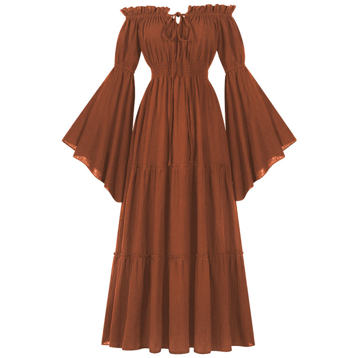 Damen nan bodenlanges Off-Shoulder Maxikleid mit geraffter Taille, mehrstufigem Rock und weiten Trompetenärmeln Drune