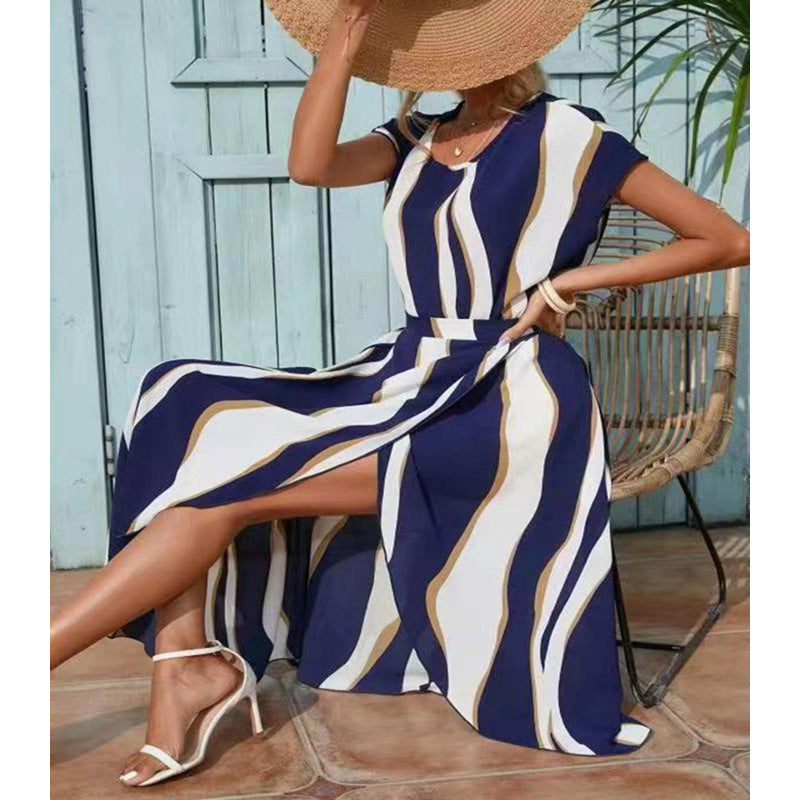 Damen Maxi-Kleid mit modernen Streifen und elegantem Schlitz Drune