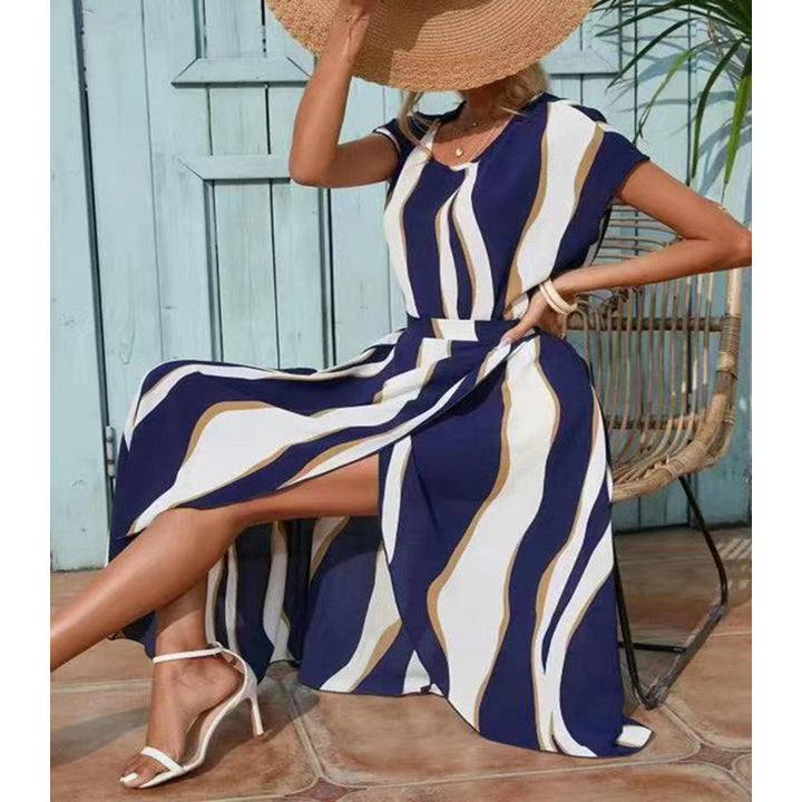 Damen Maxi-Kleid mit modernen Streifen und elegantem Schlitz Drune