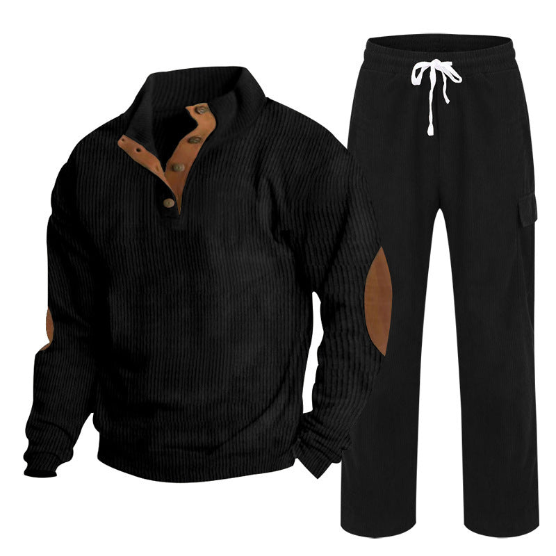 Herren nan Strick-Freizeitset mit Knopfleiste und Ellenbogenaufnähern sowie Cord-Cargohose Drune