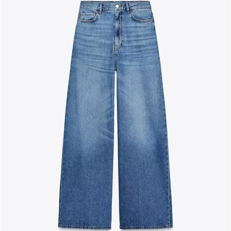 Damen luftige und strukturierte Bluse mit Balloonärmeln und weiten Jeans Drune
