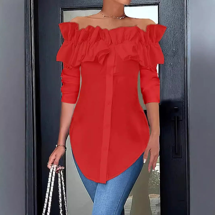 Damen Bluse mit schulterfreiem Design und voluminösen Rüschendetails Drune