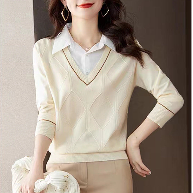 Damen gestrickter Pullover mit v-ausschnitt und strukturiertem Diamantmuster Drune