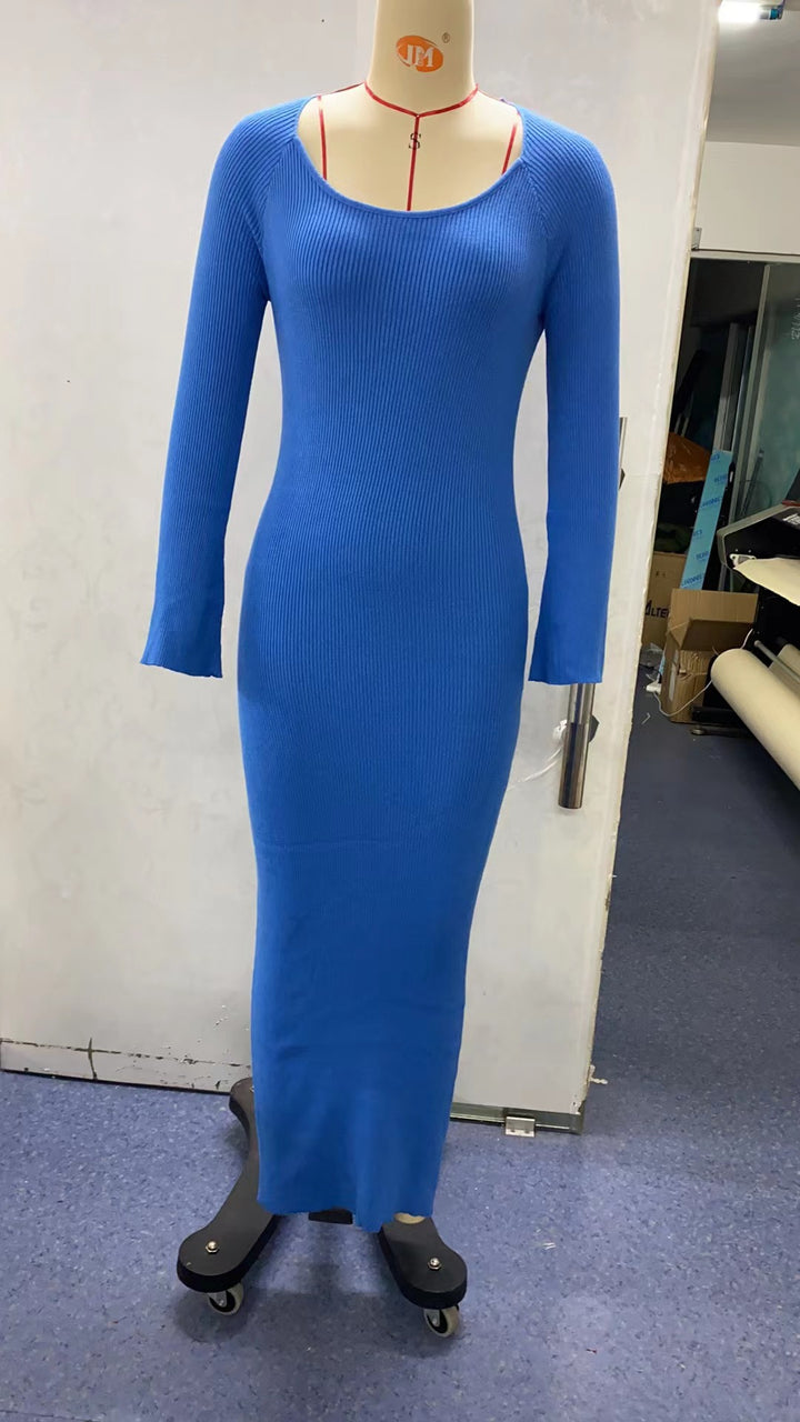 Damen elegantes Maxikleid mit tiefem Rundhals und modernen Trompetenärmeln Drune