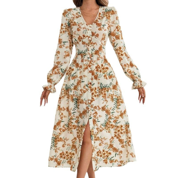 Damen Maxi-Kleid mit floralen Mustern und langem Arm Drune