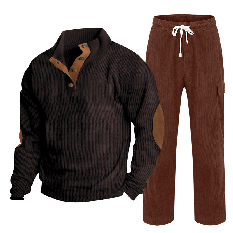 Herren nan Strick-Freizeitset mit Knopfleiste und Ellenbogenaufnähern sowie Cord-Cargohose Drune
