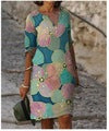 Damen luxuriöses V-Ausschnitt Kleid mit floralem Design und kurzem Ärmel Drune