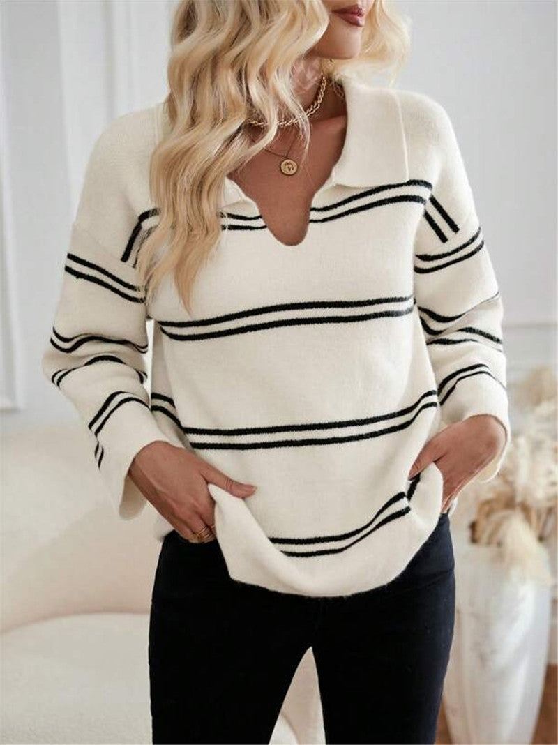 Damen lässiger Pullover mit Polo-Kragen und gestreiftem Design Drune