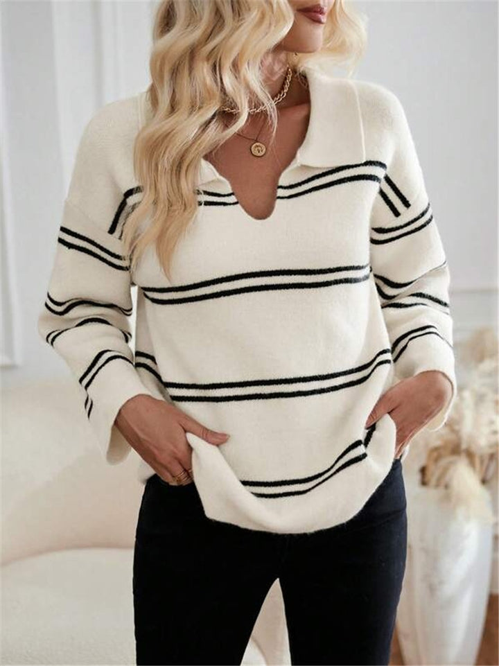 Damen lässiger Pullover mit Polo-Kragen und gestreiftem Design Drune