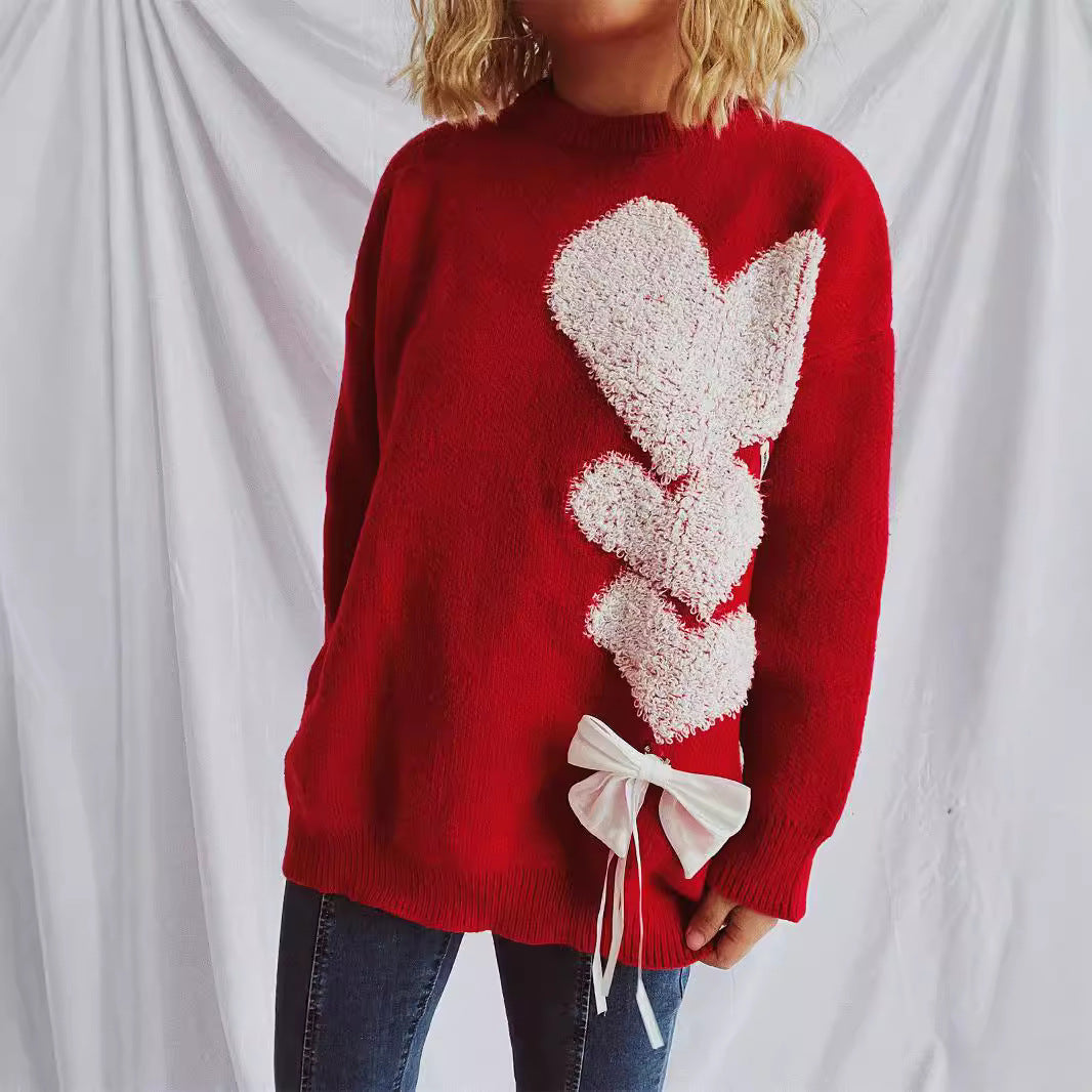 Damen Pullover mit herzförmigem Design und dekorativer Schleife Drune