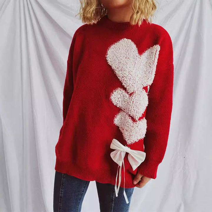 Damen Pullover mit herzförmigem Design und dekorativer Schleife Drune