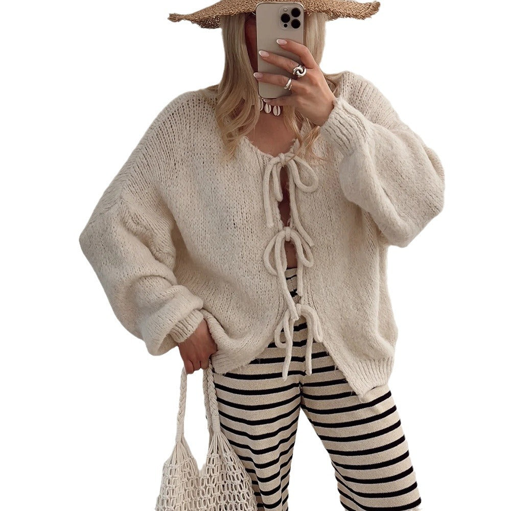 Damen Wadenlanger Strickcardigan mit Kordelzug Drune