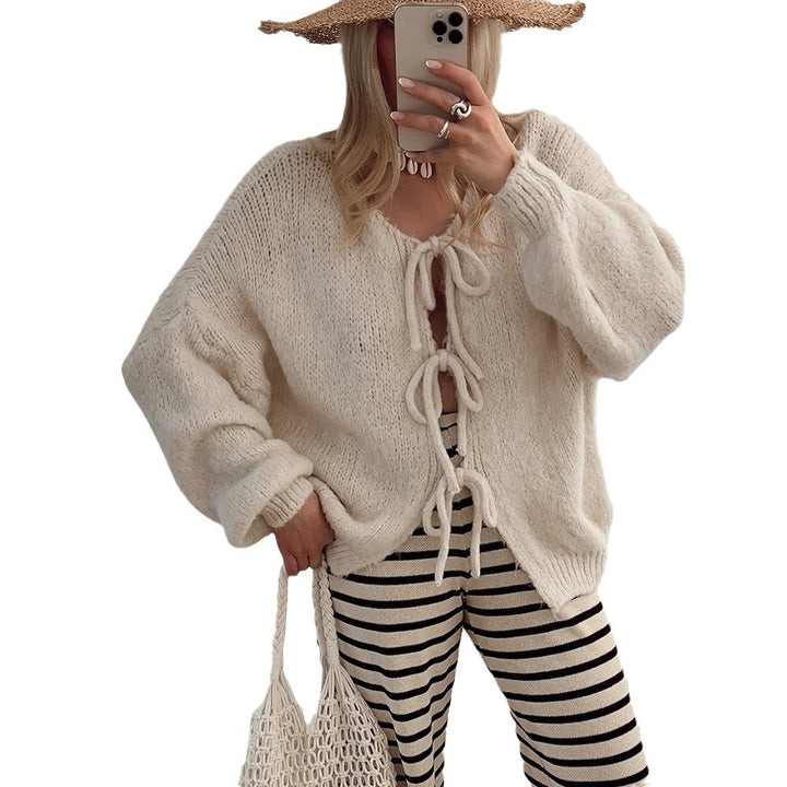 Damen Wadenlanger Strickcardigan mit Kordelzug Drune