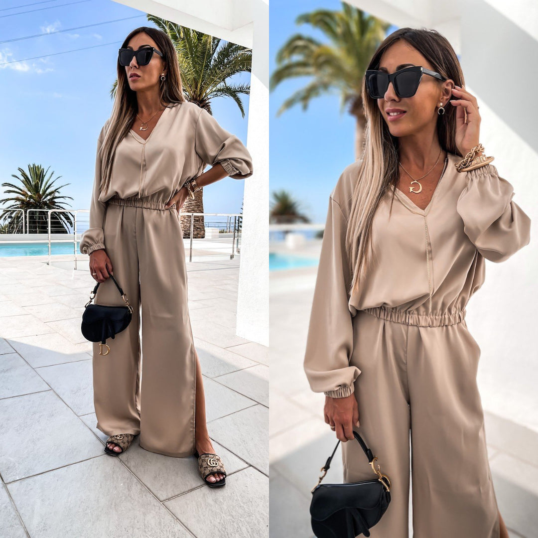 Damen elegantes Jumpsuit mit weiten Beinen und V-Ausschnitt Drune