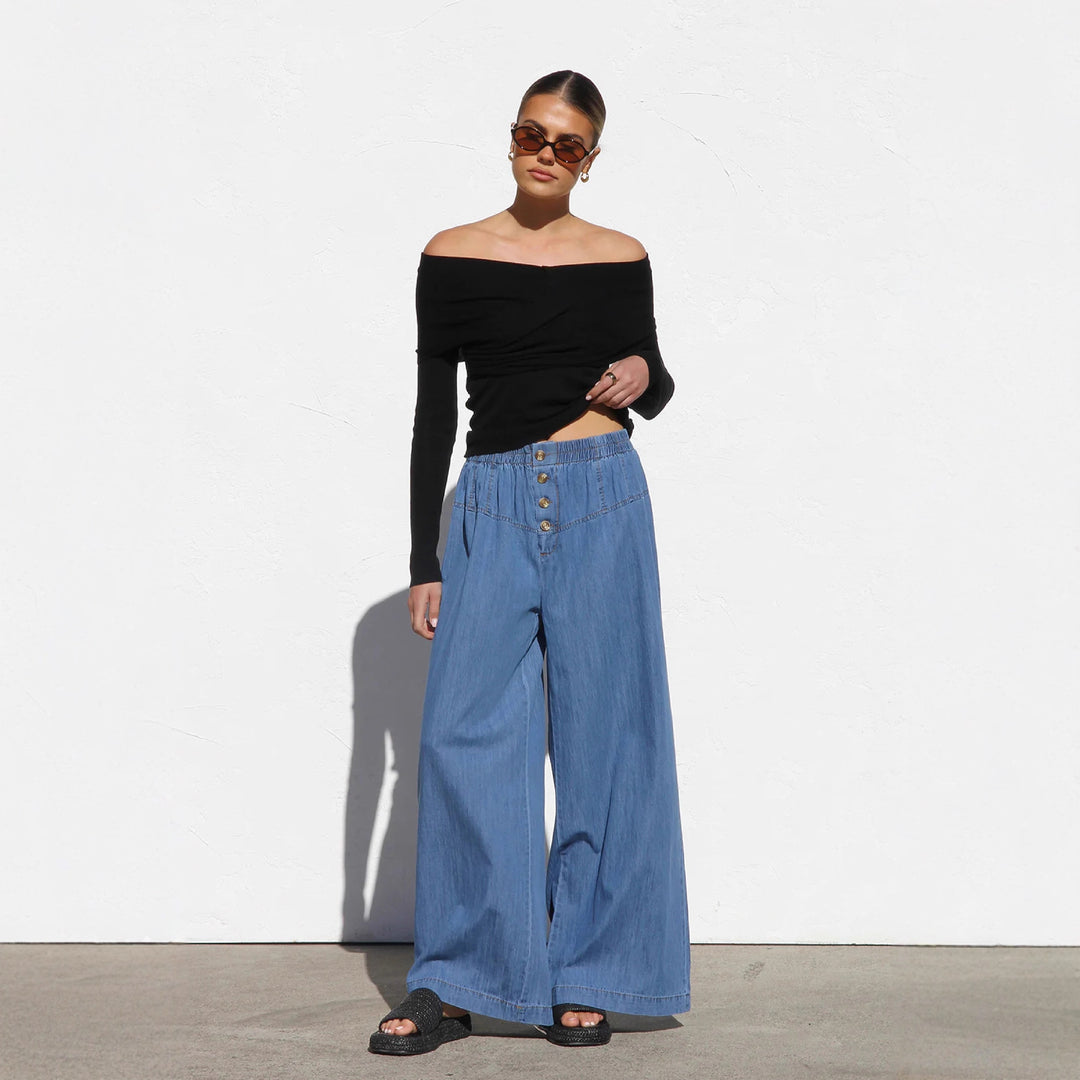 Damen weite Denim-Hotpants mit elastischem Bund und Knopfdetails Drune